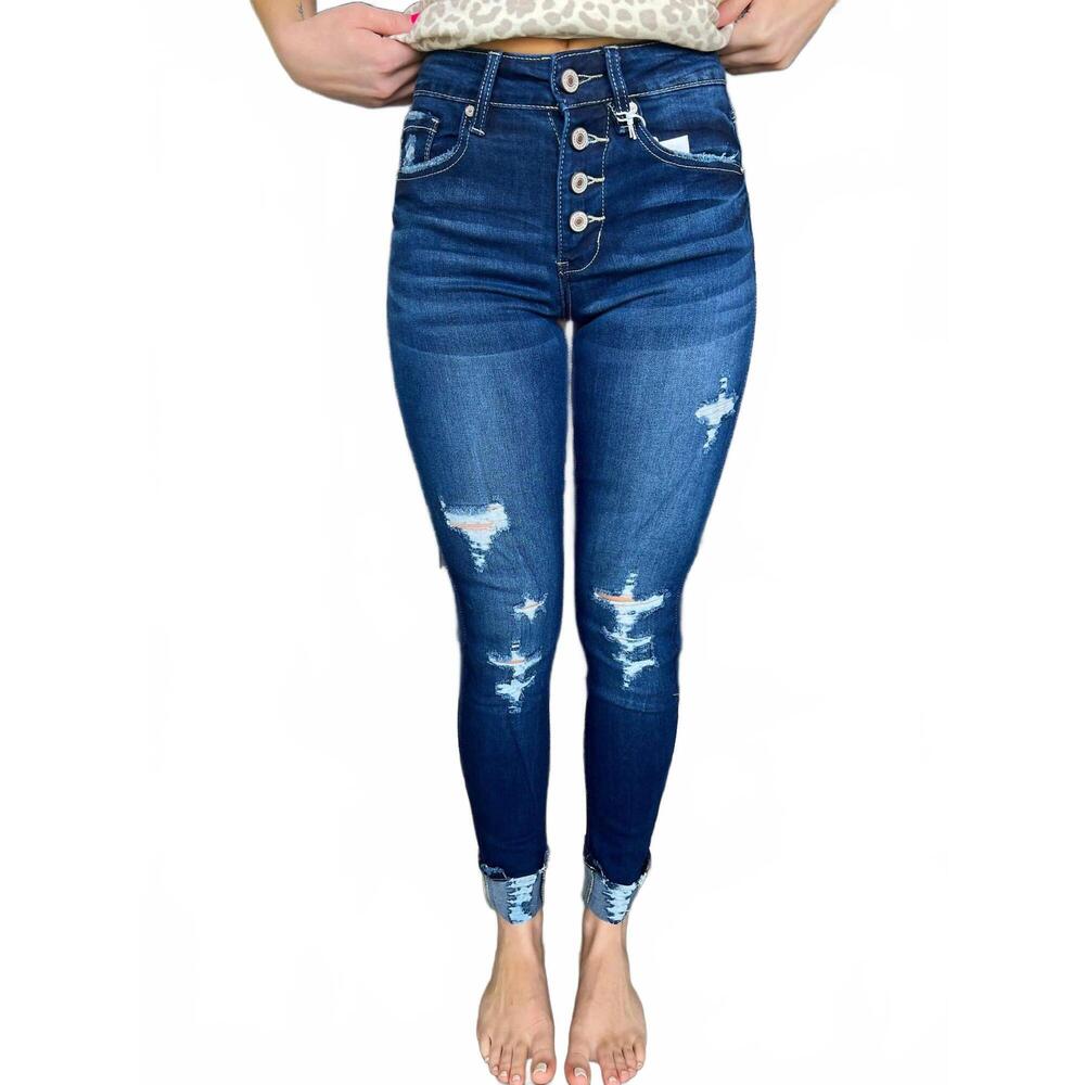 NEW KANCAN harper button-up cuffed skinny jeans in dark wash